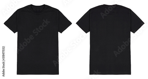 Black t shirt front and back view, isolated on white background. Ready for your mock up design template. photo