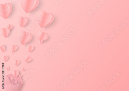 Valentine's hearts with Envelope postcard. Paper cut style on a pink background. Vector symbols of love in shape of heart for Happy Women's, Mother's, Valentine's Day, birthday greeting card design © suksan