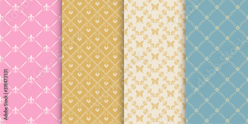 Seamless patterns - set of 4 backgrounds. Decorative patterns in retro style. Colors in the image: gold, pink, white, blue. Vintage patterns, vector graphics.