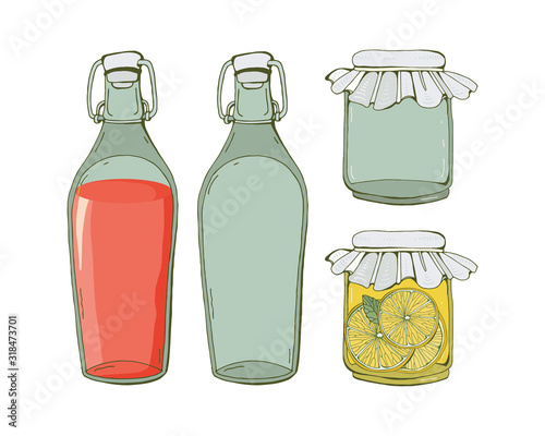 Glass set of jars and bottles in vector. Empty dishes for storing food and drinks. A jar of lemon jam and a bottle of juice. Isolated object on a white background. Hand-drawn illustration