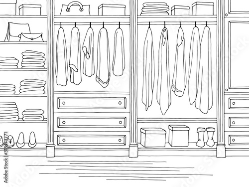 Wardrobe room graphic black white home interior sketch illustration vector