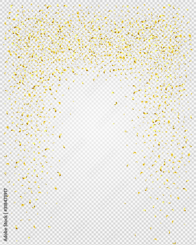 Abstract background with many falling gold tiny confetti pieces. Vector background with gold confetti. - obrazy, fototapety, plakaty 