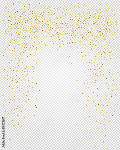 Abstract background with many falling gold tiny confetti pieces. Vector background with gold confetti.