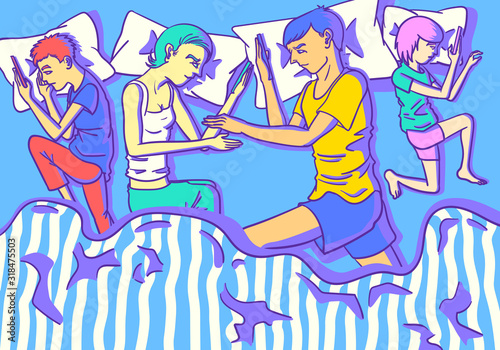 father mother and children sleep on the bed and played smartphone