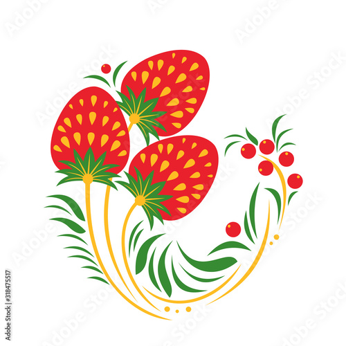 Hohloma vector decor element with berries and leaves isolated on white background.