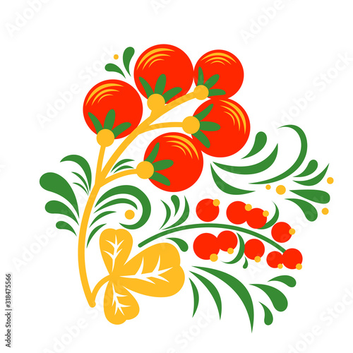 Hohloma vector decor element with berries and leaves isolated on white background. photo