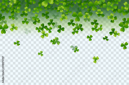 Shamrock falling leaves isolated on transparent background. Green irish symbol Good Luck. Vector clover pattern for Saint Patrick's Day holiday greeting card design