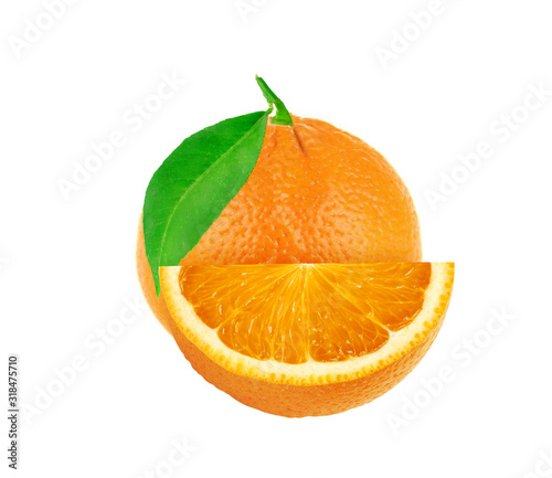 Whole and slice of sweet juicy orange fruit with green leaf isolated on white background