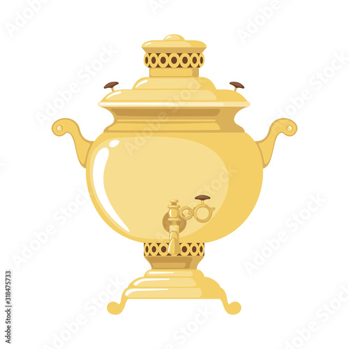 Vector Traditional Russian gold samovar icon in flat style isolated on white background.