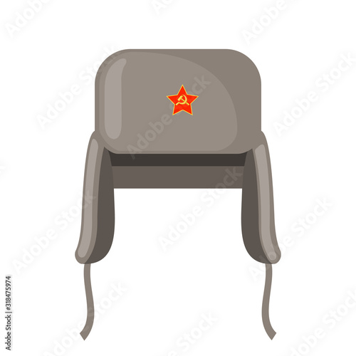 Vector winter fur grey earflaps hat with red star icon in flat style isolated on white background.