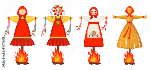 Set of Maslenitsa doll icons in flat style isolated on white background for slavic traditional russian winter festival.