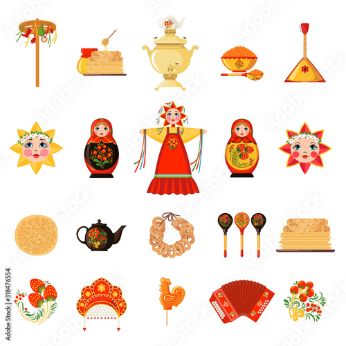 Vector Set of Maslenitsa icons in flat style isolated on white background.