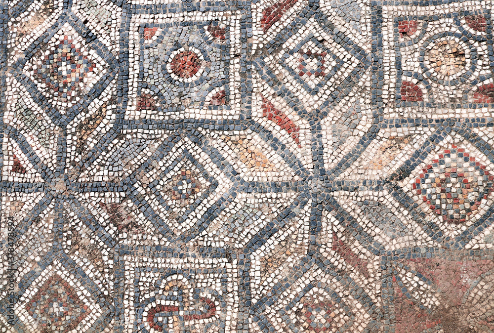 Ancient natural stone tile mosaics in Ephesus, Turkey