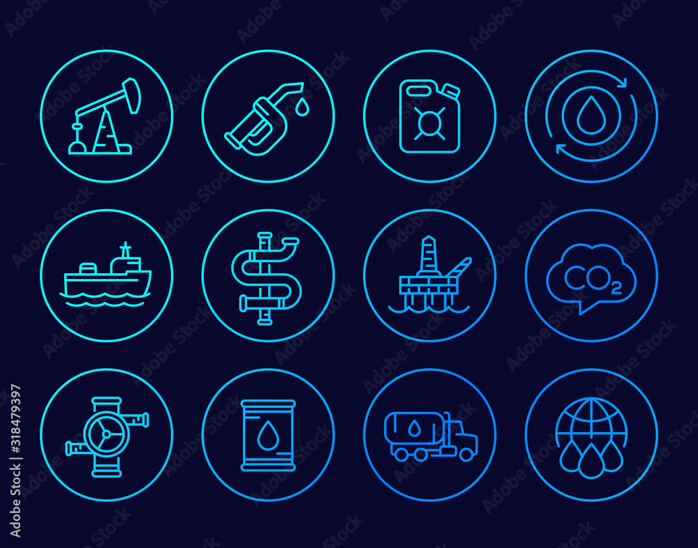 Petroleum industry, petrol and gasoline line icons