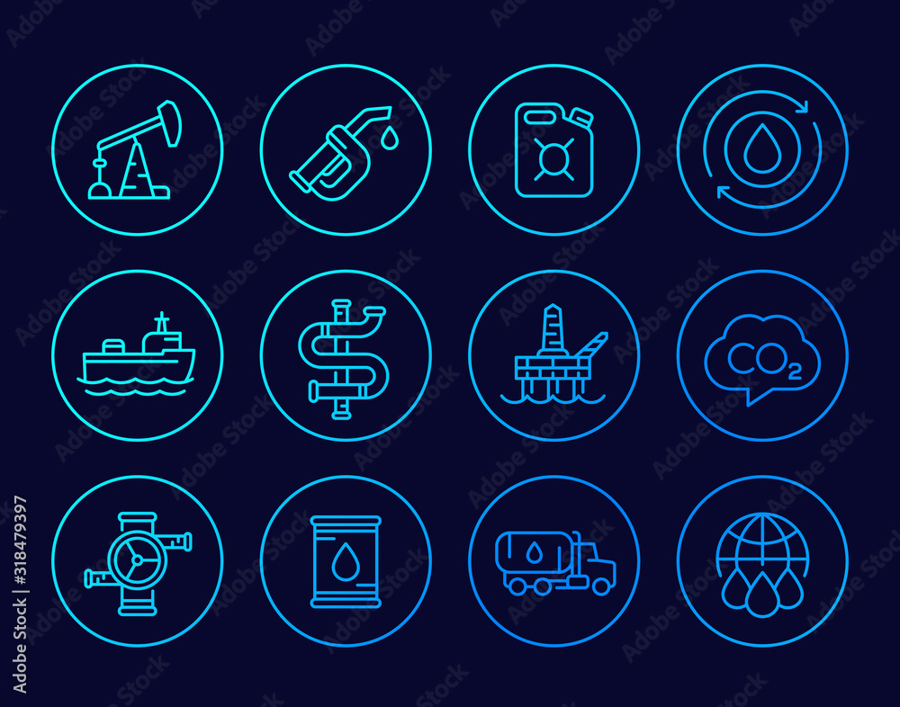 Petroleum industry, petrol and gasoline line icons Petroleum industry, petrol and gasoline line icons