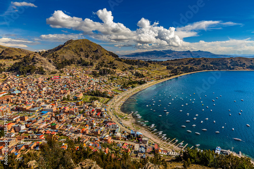 Bolivia, La Paz Department. Copacabana, main town at the shore of Lake Titicaca. Panoramic view of the town from Cerro Calvario. There is the Basilica of Our Lady of Copacabana