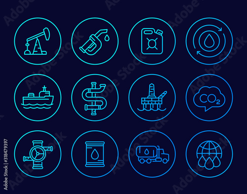 Petroleum industry, petrol and gasoline line icons