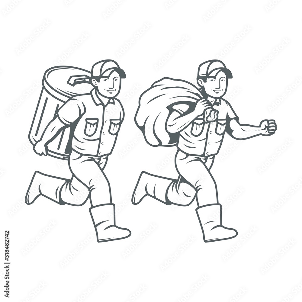 Running with Recycle Bin - junk man character black and white Vector Illustration. Man Collector Cleaning Trash from Rubbish Bin Container with Recycle Running with Recycle Bin - junk man character black and white Vector Illustration. Man Collector Cleaning Trash from Rubbish Bin Container with Recycle