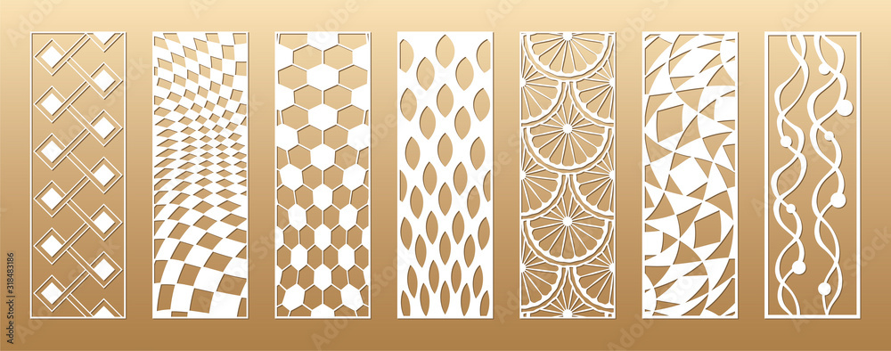 7 Laser cut vector panels (ratio 1:3). Cutout silhouette with sliced  citrus, treads and beads, football, mosaic and geometric patterns. The set  is suitable for engraving, laser cutting wood, metal. Stock Vector