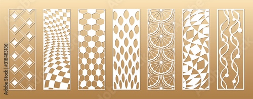 7 Laser cut vector panels (ratio 1:3). Cutout silhouette with sliced citrus, treads and beads, football, mosaic and geometric patterns. The set is suitable for engraving, laser cutting wood, metal.