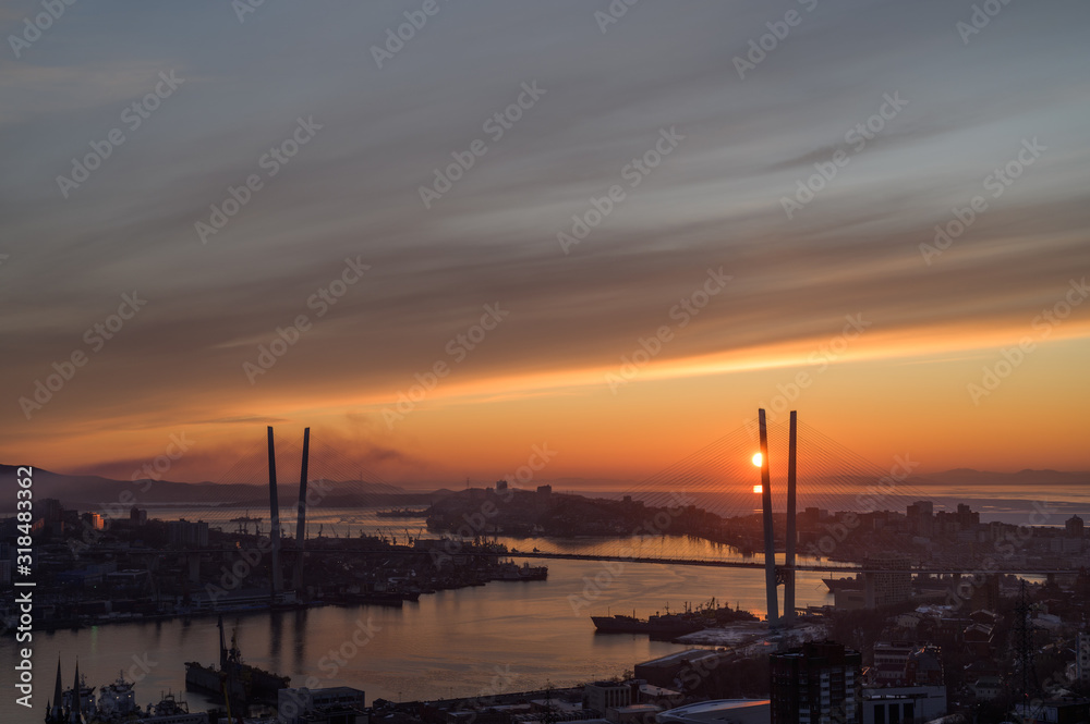 Vladivostok cityscape, view at sunset.