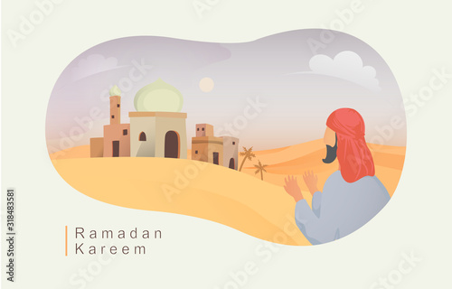Happy eid mubarak and ramadan concept with Arabic people are grateful for time to iftar fasting. children illustration for Header page, UI, Story board, Book Illustration, Banners, gretting card