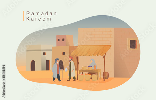 Happy eid mubarak and ramadan concept. people buy food for iftar in the market illustration for Header page, UI, Story board, Book Illustration, Banners, gretting card