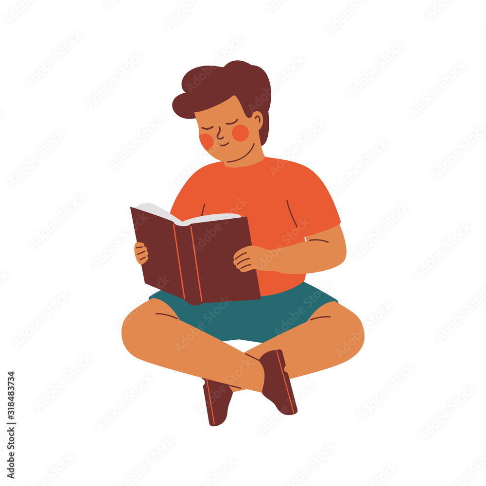 A little boy sits on the floor and with interest reads a book. Vector illustration about male pupil studying. flat cartoon colorful character A little boy sits on the floor and with interest reads a book. Vector illustration about male pupil studying. flat cartoon colorful character