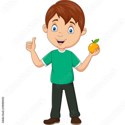 Cartoon little boy holding an orange fruit and giving thumbs up