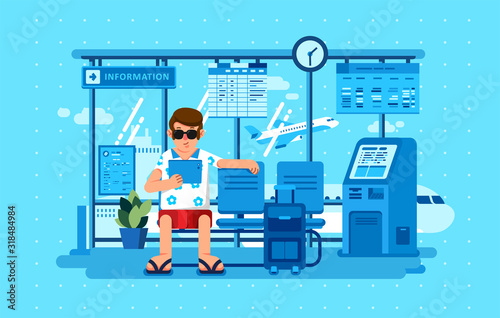 man waiting an airplane in the airport waiting room while holding gadget, and an airplane take off in the background