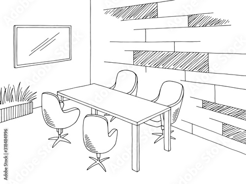 Conference room office interior graphic black white sketch illustration vector