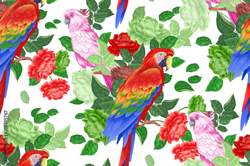 Seamless pattern. Parrots on branches of rose tree © marinavorona