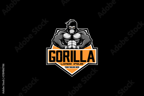 GORILLA ANIMAL CARTOON CHARACTER BODY BUILDING VECTOR LOGO TEMPLATE