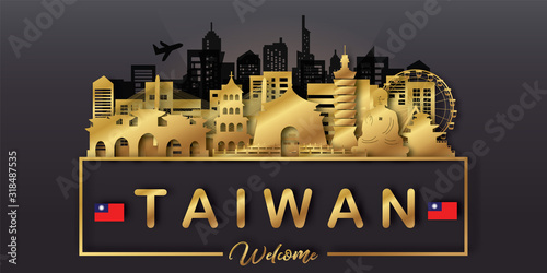 Taiwan Travel postcard, poster, tour advertising of world famous landmarks in paper cut style. Vectors illustrations