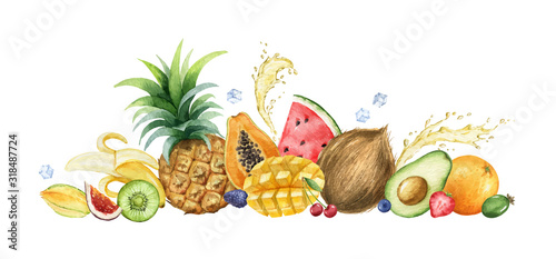 Fototapeta Naklejka Na Ścianę i Meble -  Watercolor vector hand painted set of exotic fruits.