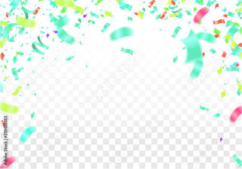 Green balloons with gold flags and confetti, party invitation.