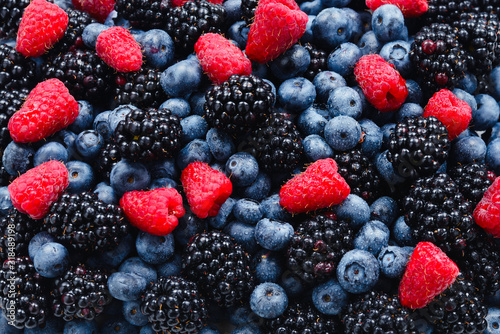 Blackberry, raspberry, blueberry background.  Top view.