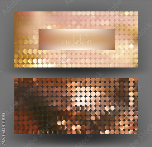 Elegant inviation pink-gold cards made from metallic circles. Vector illustration photo