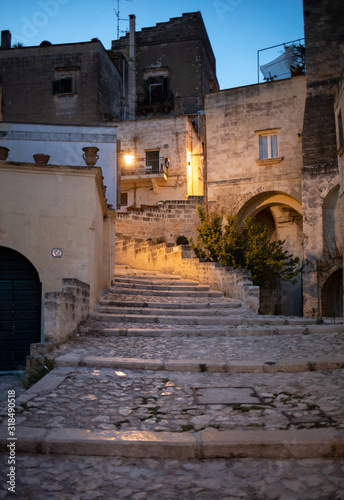 Typical cobbled stairs in a side street alleyway iin the Sassi di Matera a historic district in the city of Matera. Basilicata. Italy © wjarek