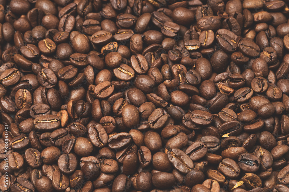 Obraz premium roasted coffee beans, top view, texture, tinting, selective focus