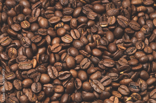 roasted coffee beans, top view, texture, tinting, selective focus