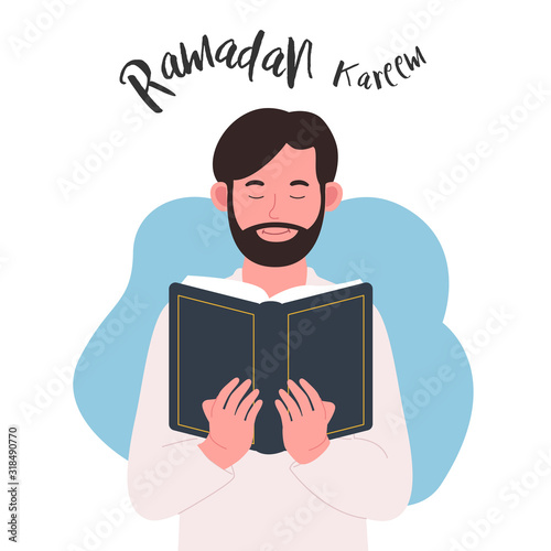 Young Man Hold Quran Ramadan Kareem Greeting