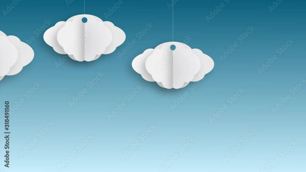 Origami paper cloud sliding on bluesky. Isolated 3D clouds cutout from paper flying on screen