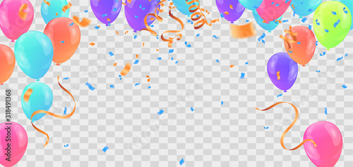 Happy party Birthday with balloons, streamer twisted ribbons. birthday carnival,