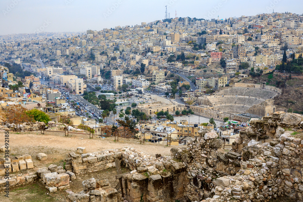 Ancient ruins at the CIteadel and view at the Roman Theatre in Amman, Jordan