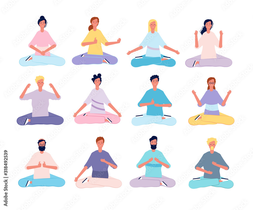 Meditation characters. Male and female person yoga poses sitting in pilates  class vector flat persons. Male and female yoga exercise, character pose  meditation illustration Stock Vector
