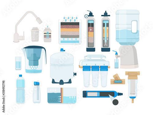 Treatments water. Home systems for fresh liquid pure water filtration mineral drinks pipe bottles tanks cleaning processes vector. Illustration water filtration, treatment filtering and purity