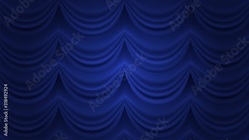 Blue curtain. Closed curtain vector background. Blue drapery for theater circus hall stage. Theater curtain blue, presentation concert stage illustration