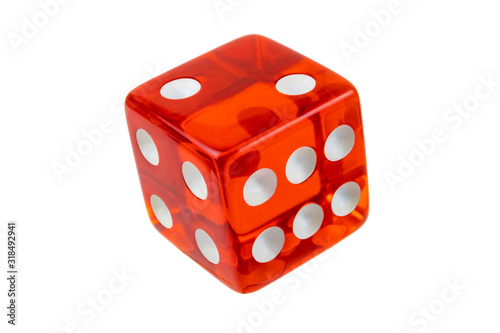 Closeup red dice isolated on white. Full clipping of the cube with faces 2, 4 and 6.