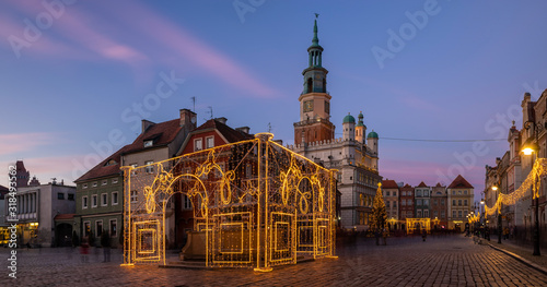 Christmas decorations in front of the town hall in Poznan